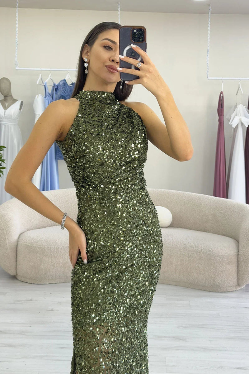 Women's Khaki Halter Neck Sequin Train Evening Gown