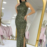 Khaki Sequined Fishtail Maxi Evening Dress