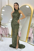 Khaki Sequined Fishtail Maxi Evening Dress