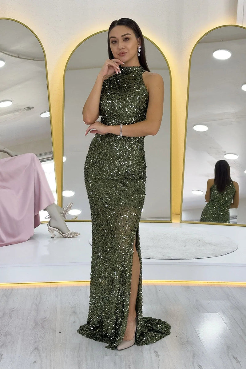 Women's Khaki Halter Neck Sequin Train Evening Gown