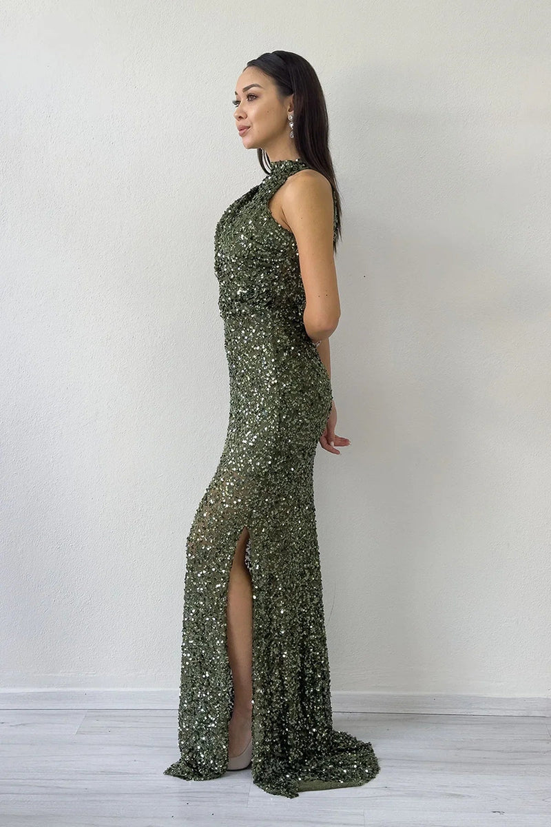 Women's Khaki Halter Neck Sequin Train Evening Gown