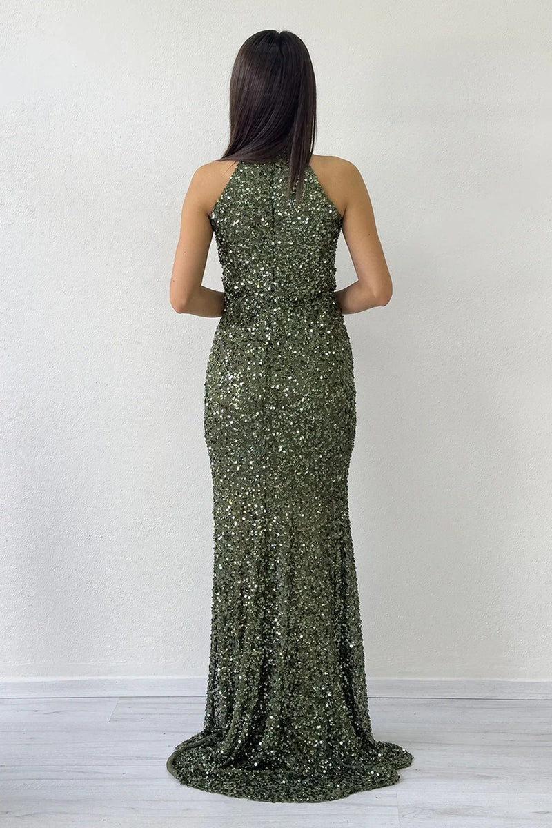 Women's Khaki Halter Neck Sequin Train Evening Gown