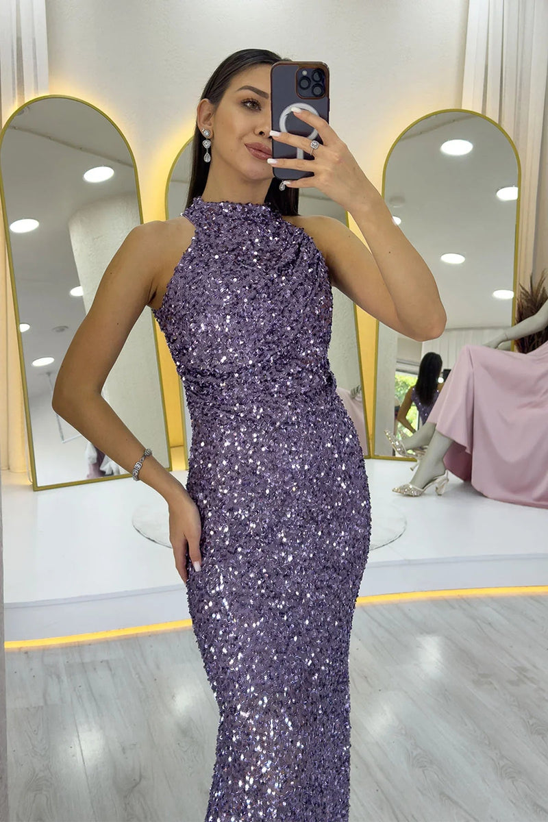 Women's Dark Lilacc Halter Neck Sequin Train Evening Gown