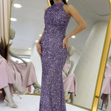Dark Lilac Sequined Fishtail Maxi Evening Dress