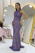 Dark Lilac Sequined Fishtail Maxi Evening Dress