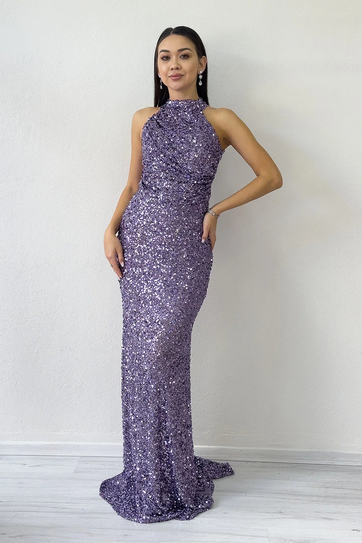 Women's Dark Lilacc Halter Neck Sequin Train Evening Gown