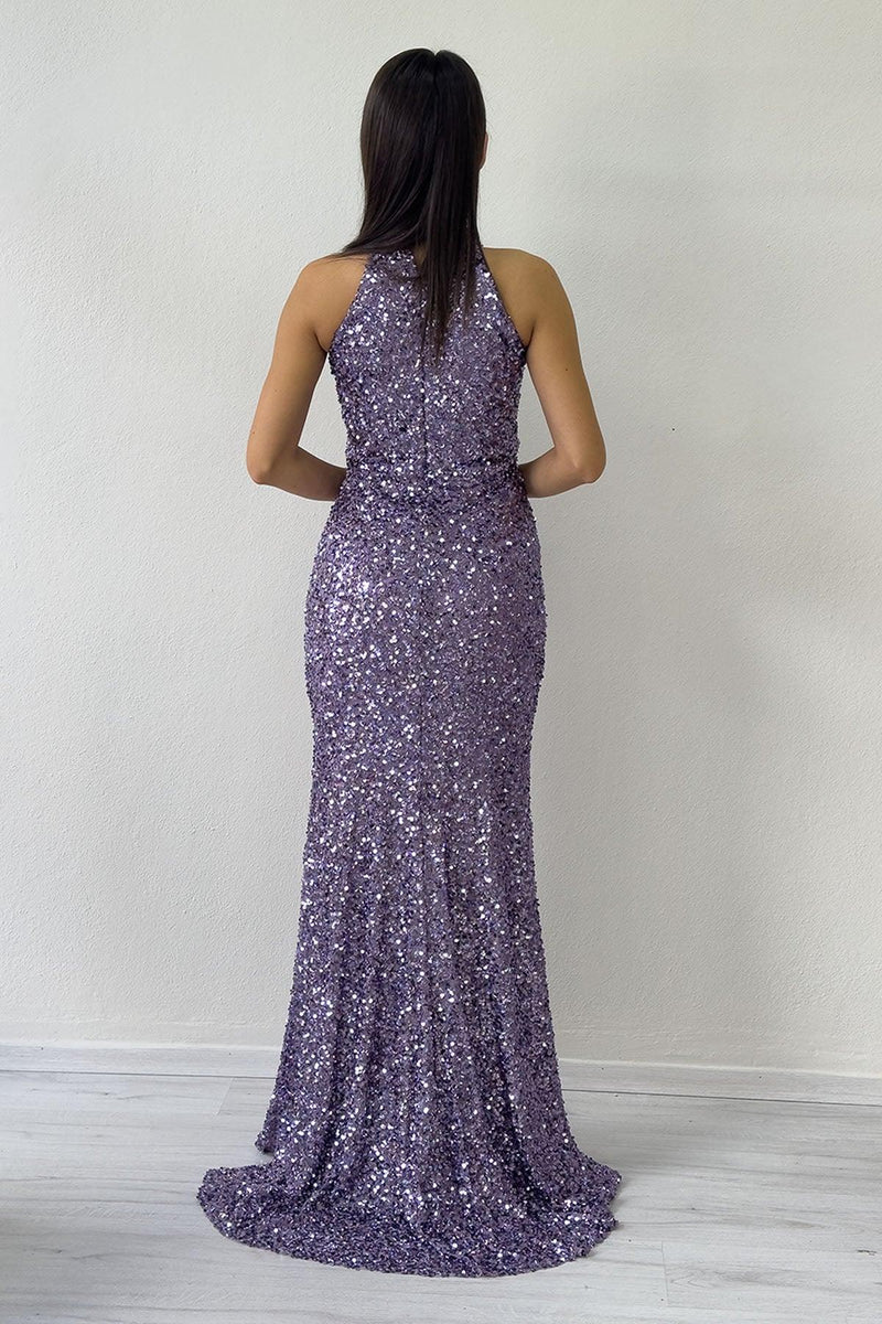 Women's Dark Lilacc Halter Neck Sequin Train Evening Gown