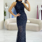 Navy Blue Sequined Fishtail Maxi Evening Dress