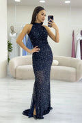Navy Blue Sequined Fishtail Maxi Evening Dress