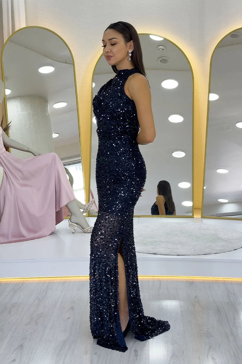 Women's Navy Blue Halter Neck Sequin Train Evening Gown