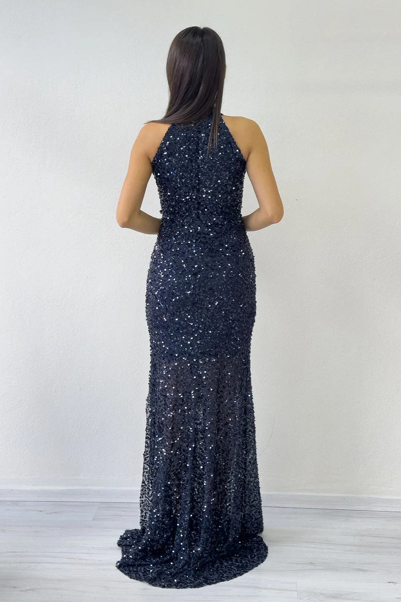 Women's Navy Blue Halter Neck Sequin Train Evening Gown