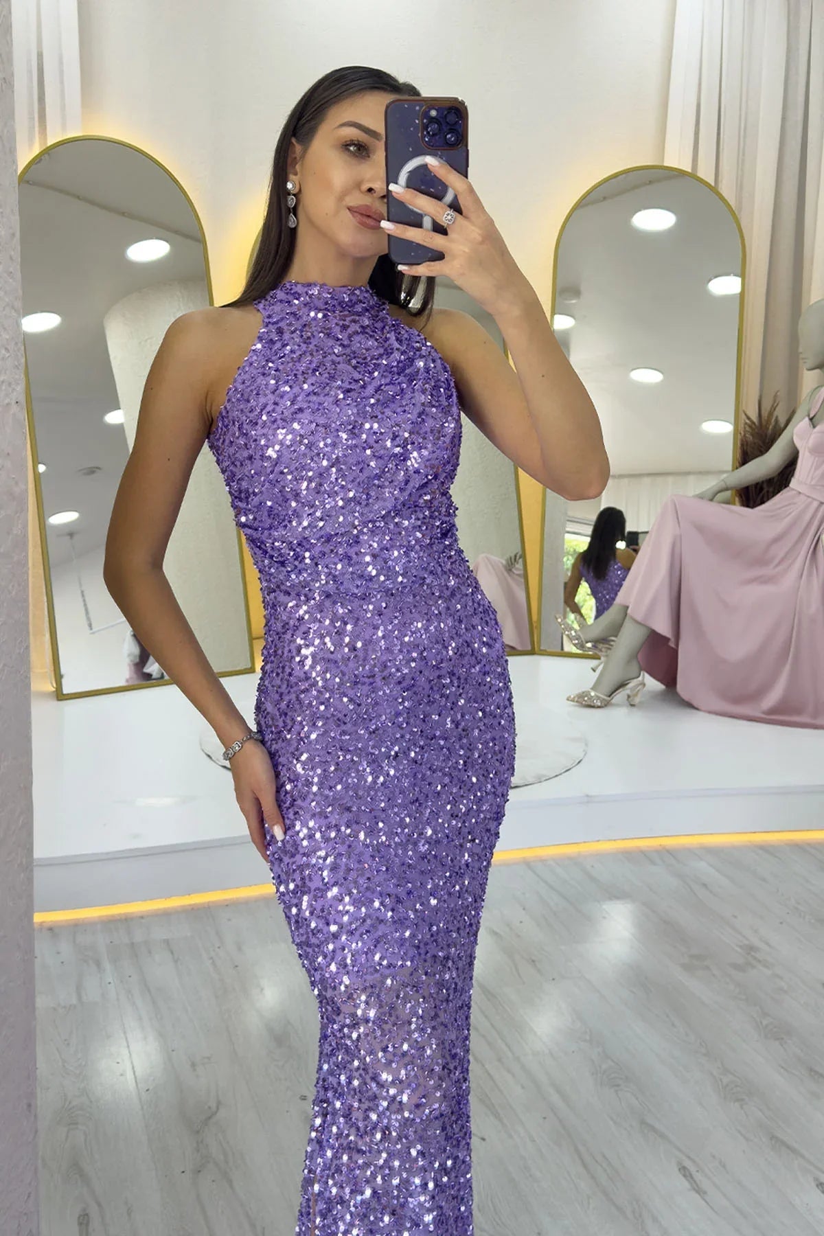 Women's Lilac Halter Neck Sequin Train Evening Gown