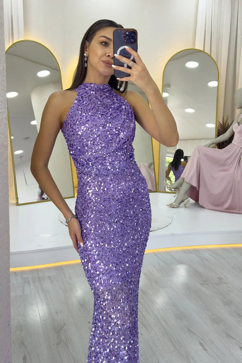 Women's Lilac Halter Neck Sequin Train Evening Gown