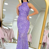 Lilac Sequined Fishtail Maxi Evening Dress