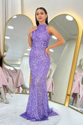 Lilac Sequined Fishtail Maxi Evening Dress