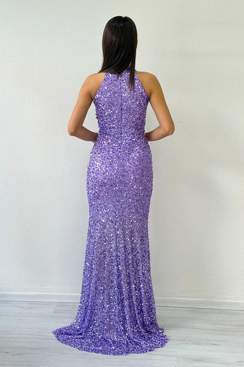 Women's Lilac Halter Neck Sequin Train Evening Gown