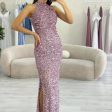 Powder Pink Sequined Fishtail Maxi Evening Dress