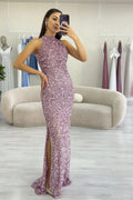 Powder Pink Sequined Fishtail Maxi Evening Dress