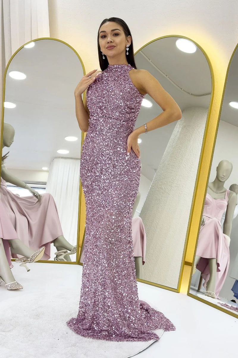 Women's Powder Pink Halter Neck Sequin Train Evening Gown