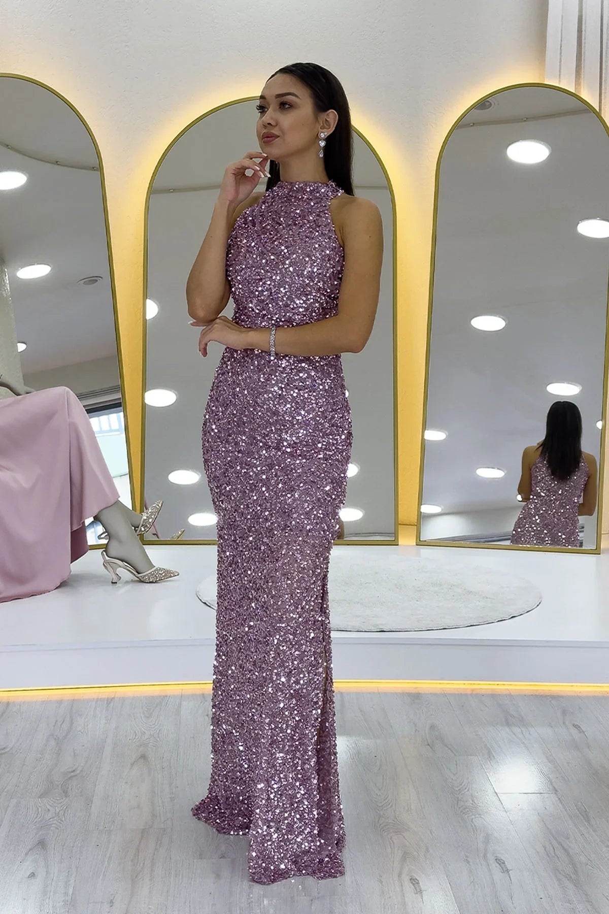 Women's Powder Pink Halter Neck Sequin Train Evening Gown