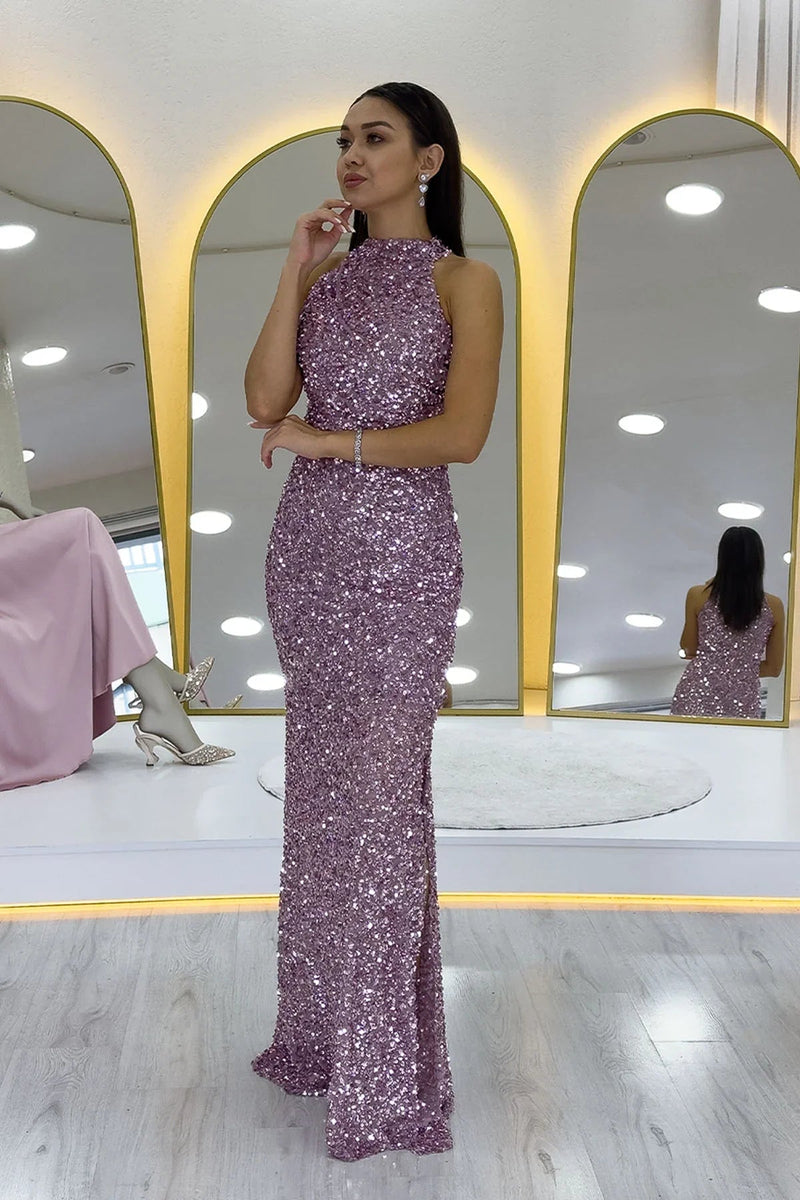 Women's Powder Pink Halter Neck Sequin Train Evening Gown