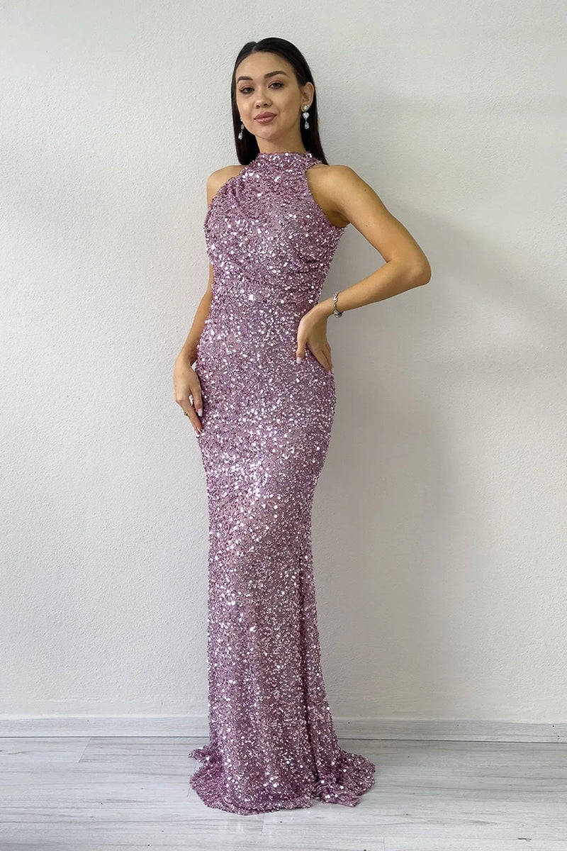 Women's Powder Pink Halter Neck Sequin Train Evening Gown