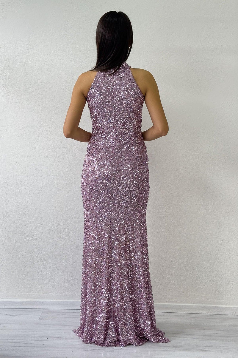 Women's Powder Pink Halter Neck Sequin Train Evening Gown