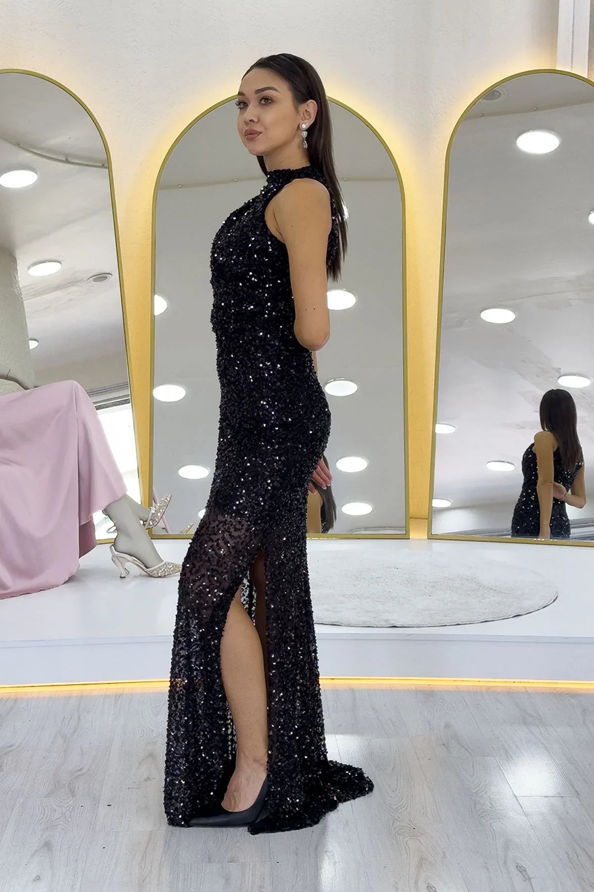 Women's Black Halter Neck Sequin Train Evening Gown
