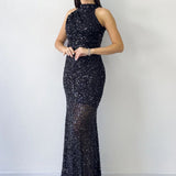 Black Sequined Fishtail Maxi Evening Dress