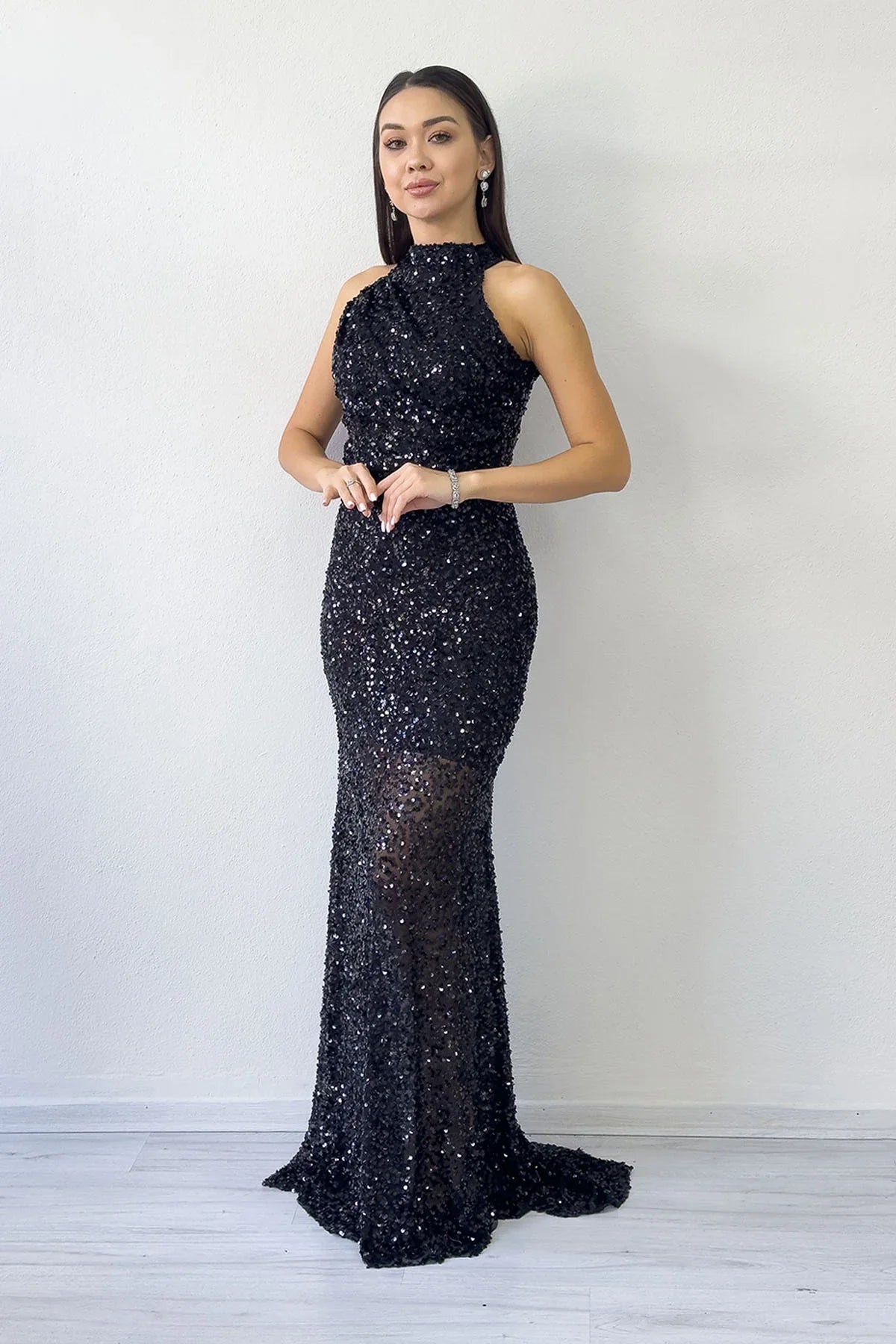 Women's Black Halter Neck Sequin Train Evening Gown