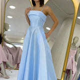 Baby Blue Satin Midi Thin Strap Evening Dress
