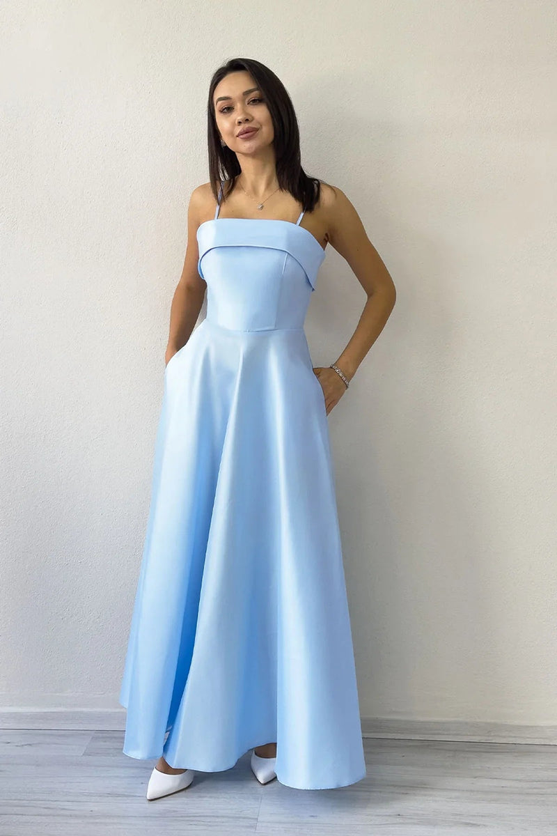 Women's Baby Blue İnce Strap Cep Detail Evening Gown