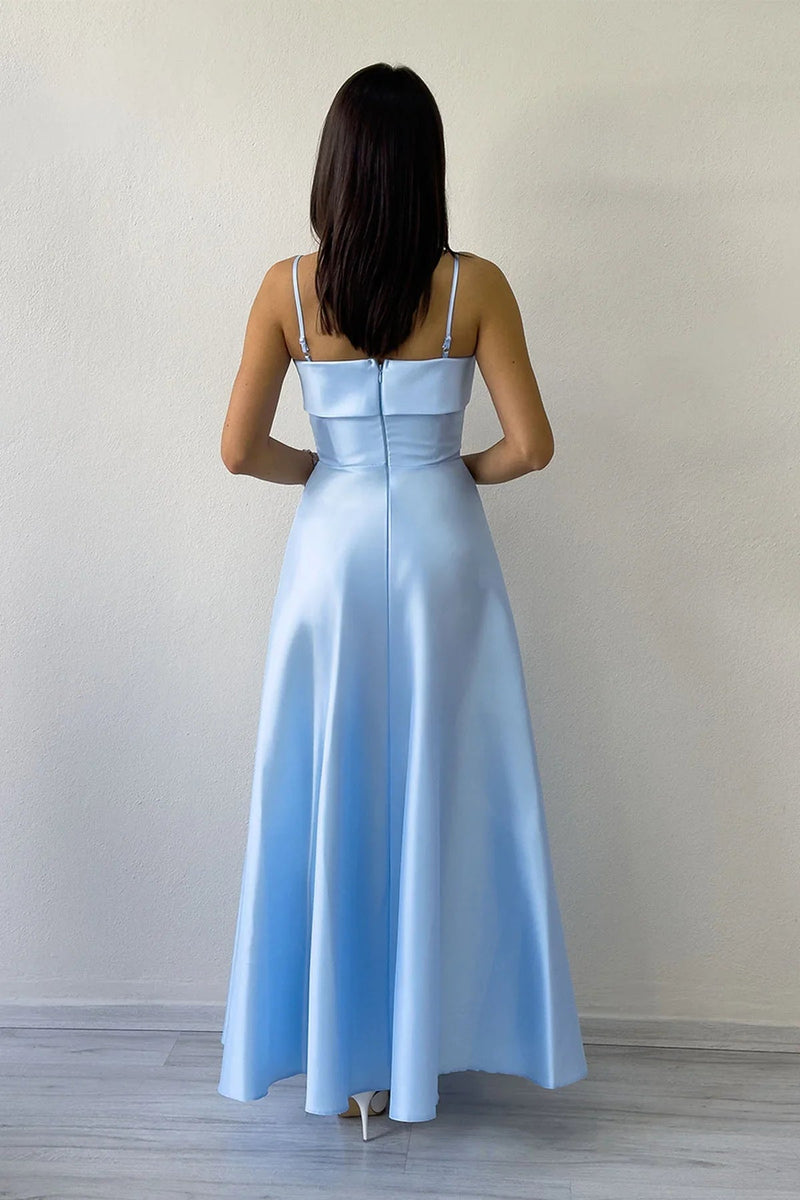 Women's Baby Blue İnce Strap Cep Detail Evening Gown