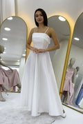 White Satin Midi Thin Strap Evening Dress