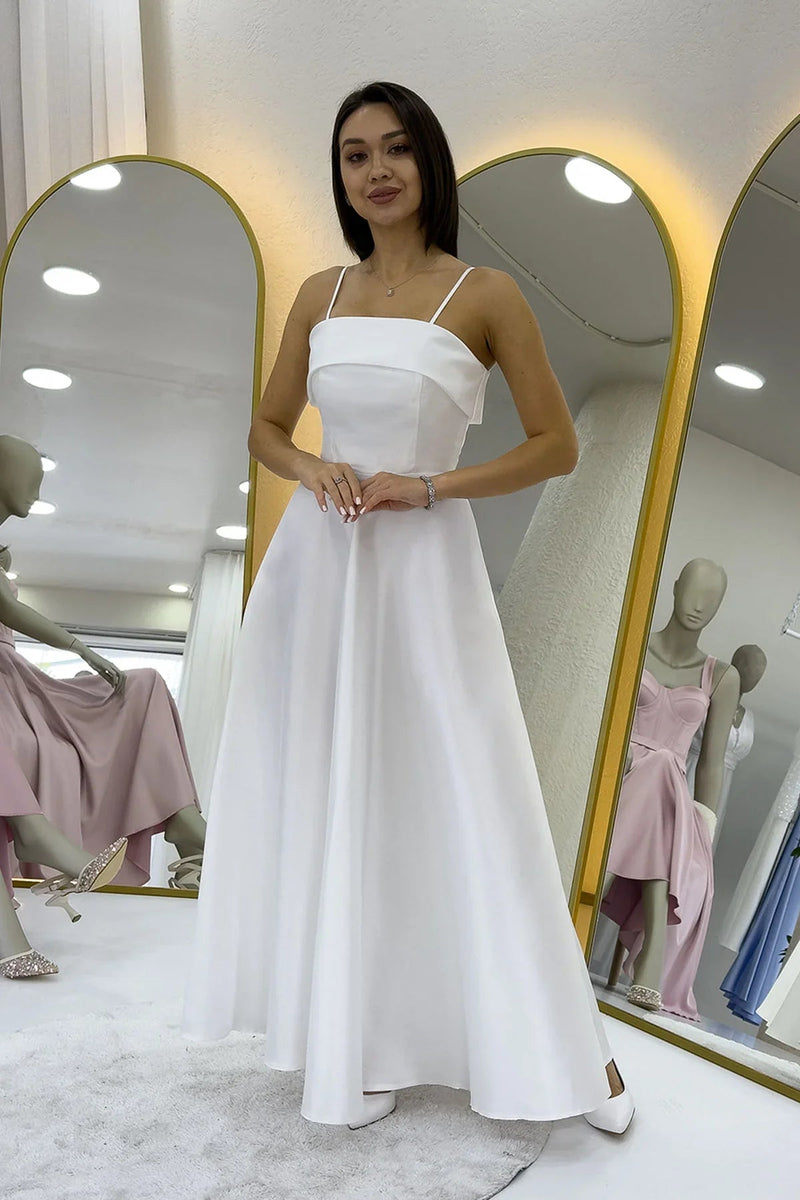 Women's White İnce Strap Cep Detail Nikah Evening Gown