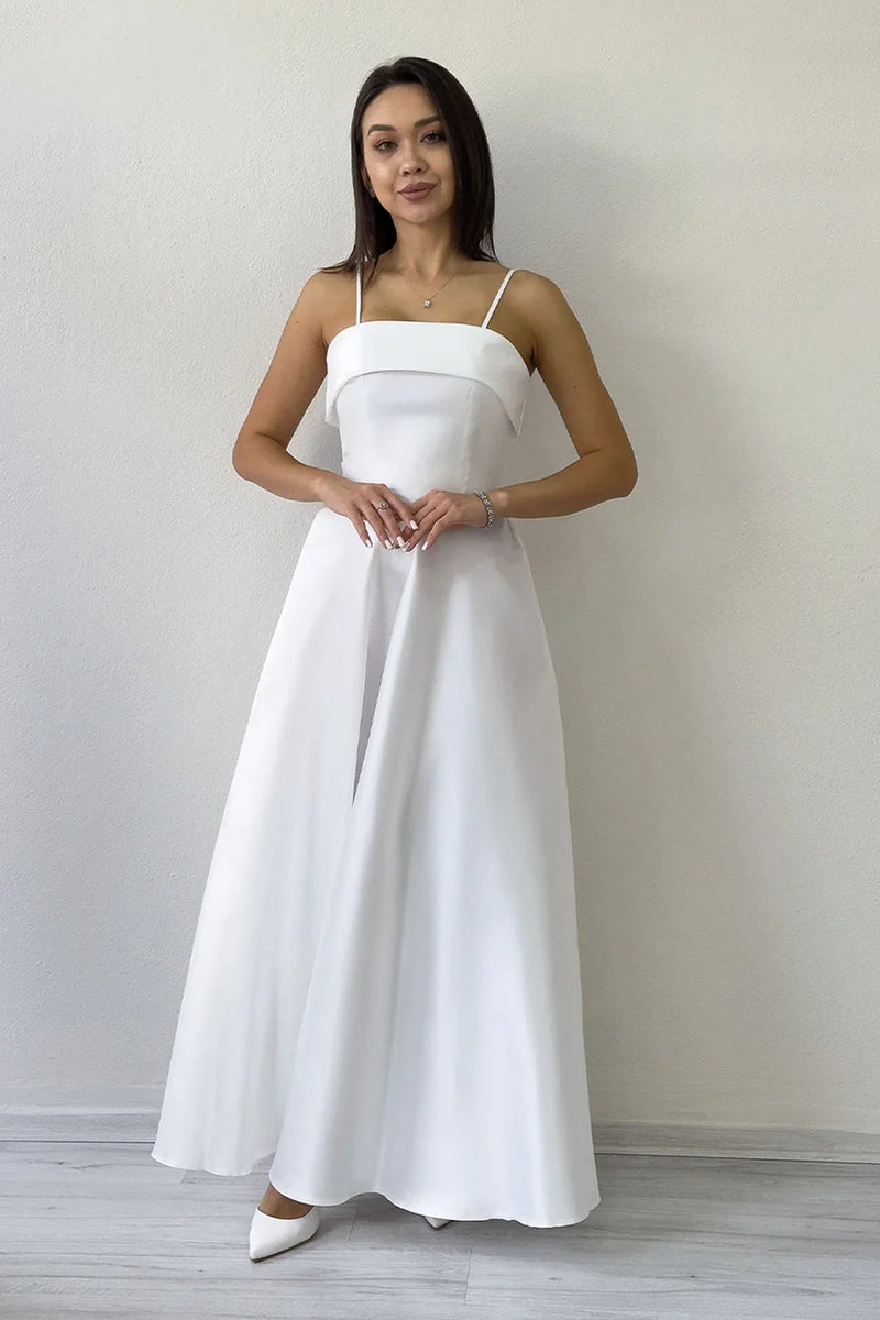 Women's White İnce Strap Cep Detail Nikah Evening Gown