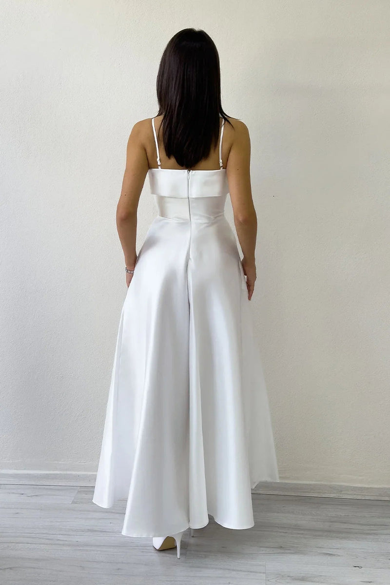 Women's White İnce Strap Cep Detail Nikah Evening Gown