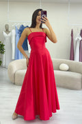 Red Satin Midi Thin Strap Evening Dress