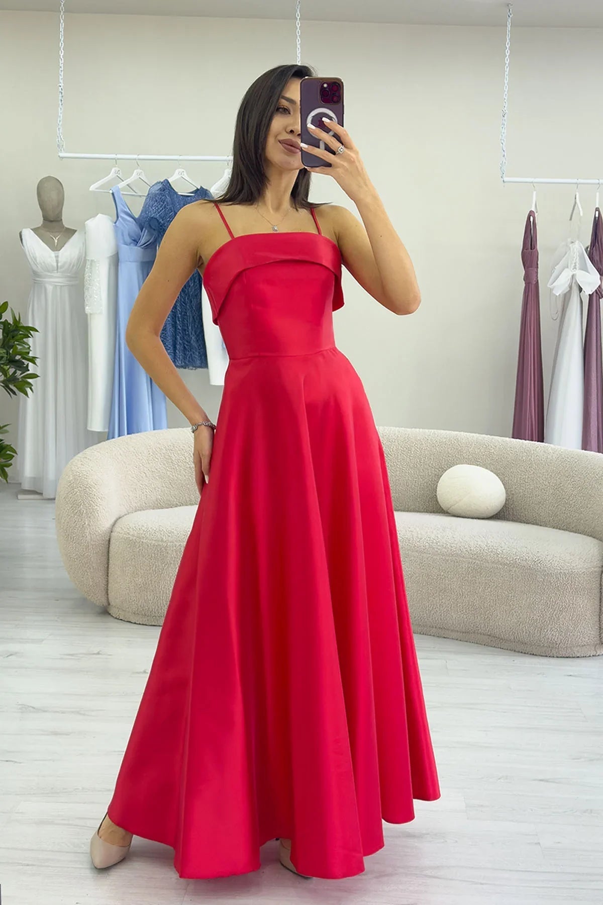 Women's Red İnce Strap Cep Detail Evening Gown