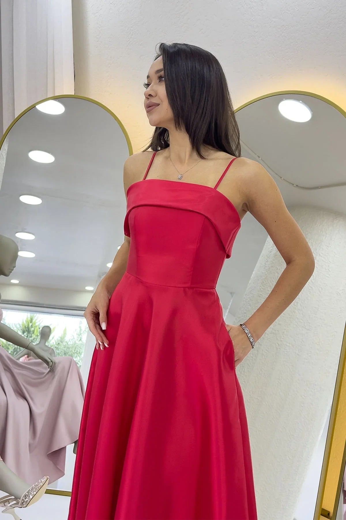 Women's Red İnce Strap Cep Detail Evening Gown