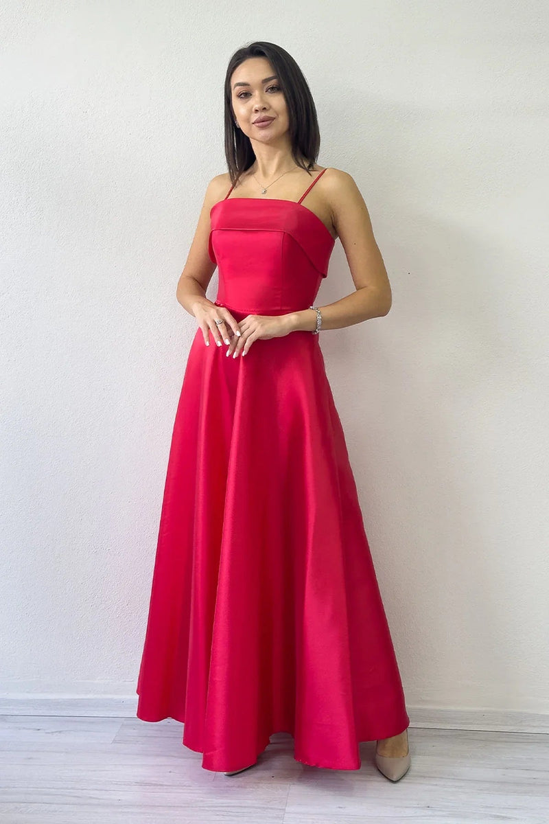 Women's Red İnce Strap Cep Detail Evening Gown