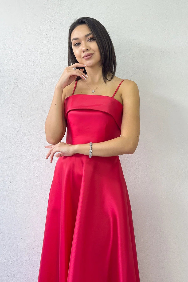 Women's Red İnce Strap Cep Detail Evening Gown