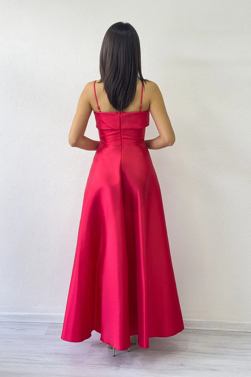 Women's Red İnce Strap Cep Detail Evening Gown