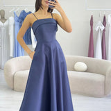 Navy Blue Satin Midi Thin Strap Evening Dress
