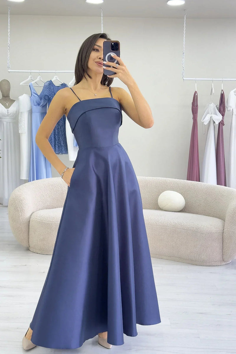 Women's Navy Blue İnce Strap Cep Detail Evening Gown