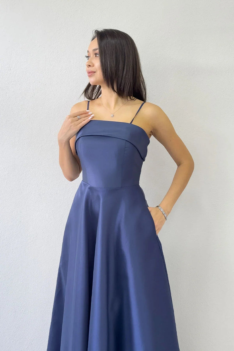 Women's Navy Blue İnce Strap Cep Detail Evening Gown