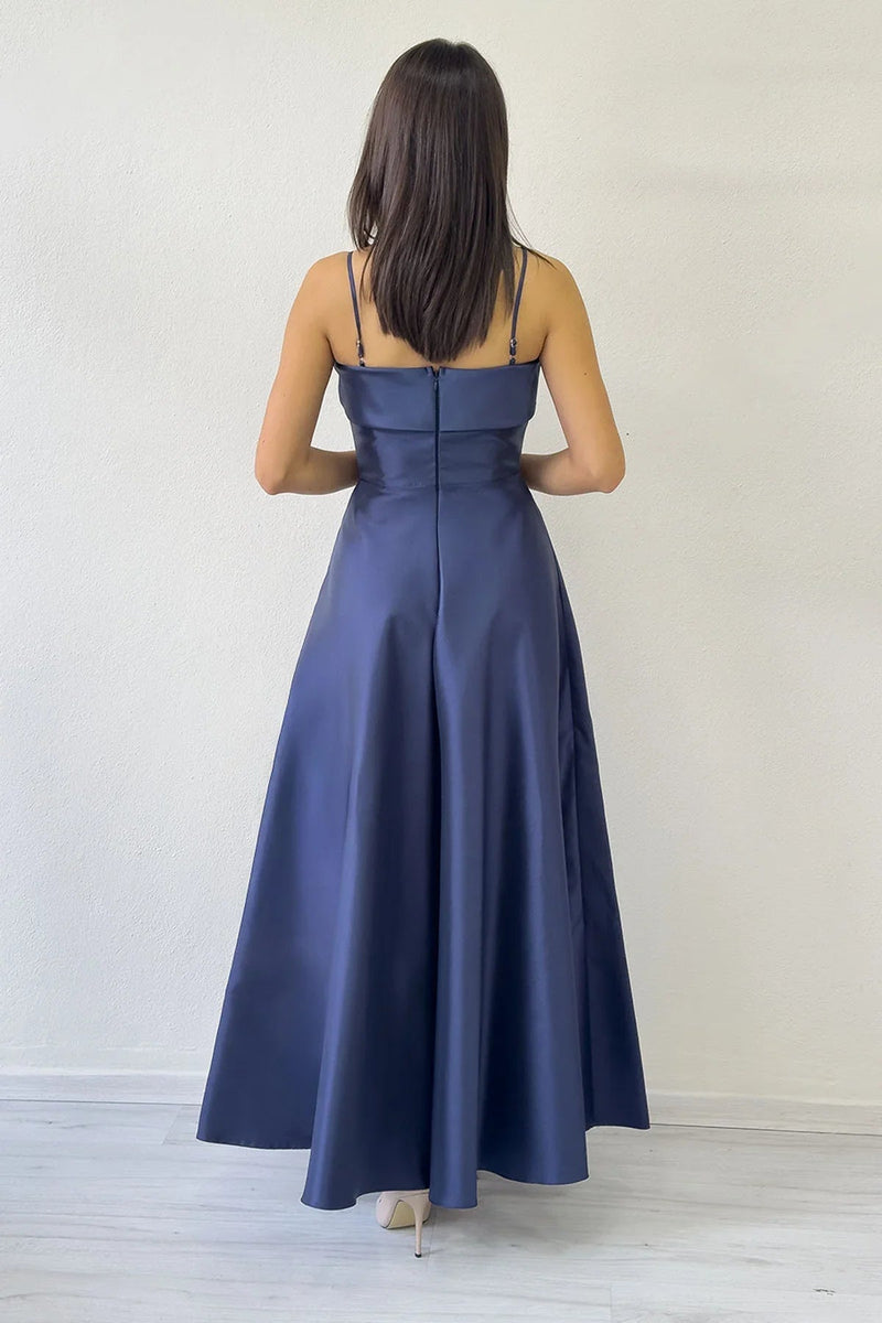 Women's Navy Blue İnce Strap Cep Detail Evening Gown