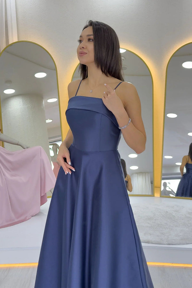 Women's Navy Blue İnce Strap Cep Detail Evening Gown