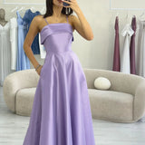 Lilac Satin Midi Thin Strap Evening Dress