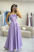 Lilac Satin Midi Thin Strap Evening Dress